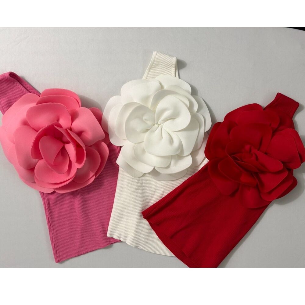 Lily Rose 3pc 3D Flower Rosette One Shoulder Tops Pink Red White NWT